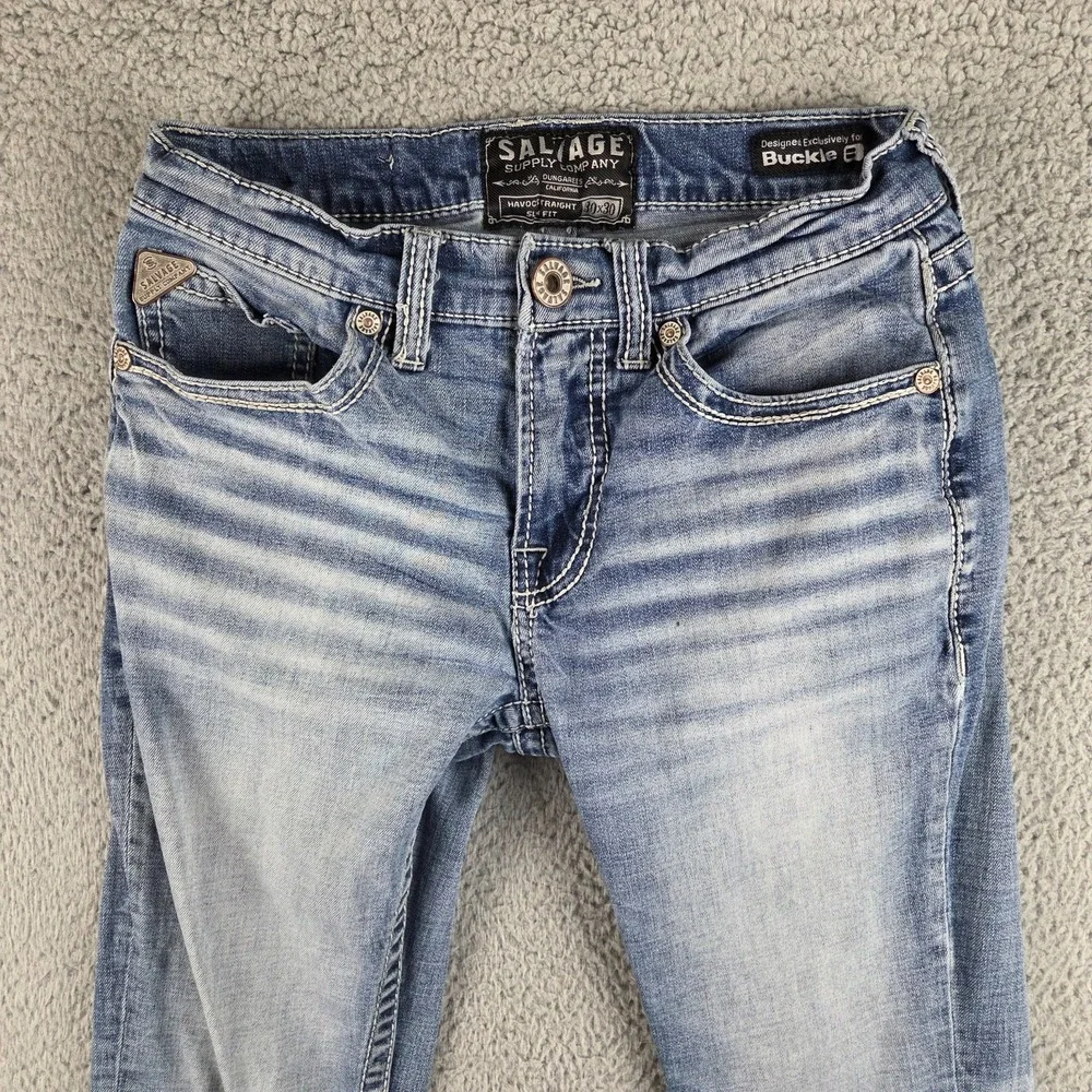 Salvage Jeans Mens 30x30 Blue Havoc Straight Slim Fit Distressed Low Rise Buckle